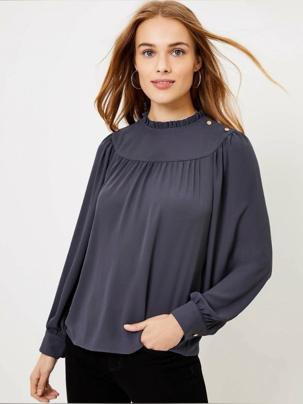 LOFT Slate Gray Ruffled Yoke Blouse with Gold Buttons